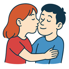 Couple hugging, woman kissing man on cheek, happy romantic moment, love, affection