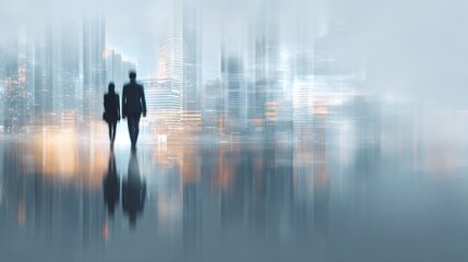 Business people walking in blurred cityscape