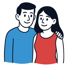 Happy couple illustration, man and woman smiling, affectionate pose, simple flat style