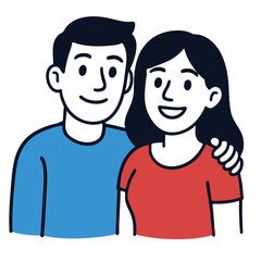 Smiling couple cartoon, man in blue shirt, woman in red shirt, happy expression, white background