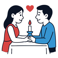 Romantic couple holding hands candlelight dinner love heart illustration