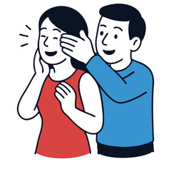 Surprise, happiness, couple, playful, illustration, man covering woman eyes, joyful moment