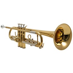 Obraz premium Shiny golden brass trumpet musical instrument isolated on white background