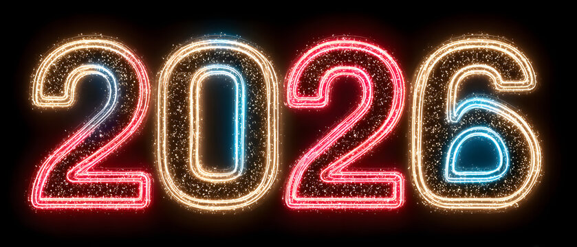 We wish you a Happy New Year 2026 light trendy colors shining glitter typography with neon outline 2026. New Year on beige background - Powered by Adobe