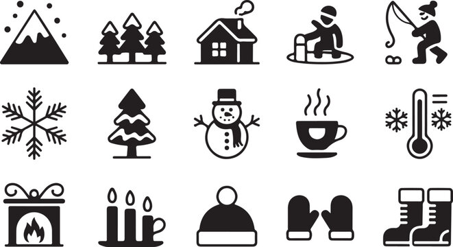 Various simple black icons depict winter landscapes, activities, and objects on a white background
