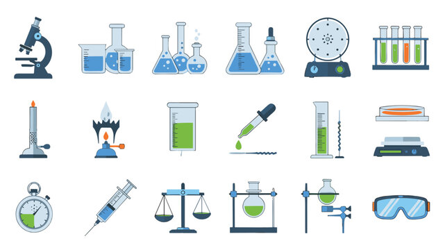 Collection of laboratory equipment and scientific research tools for chemistry and biology