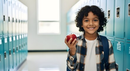 Young school boy smiling and holding a red apple in a bright hallway with school lockers representing education and healthy snack concept