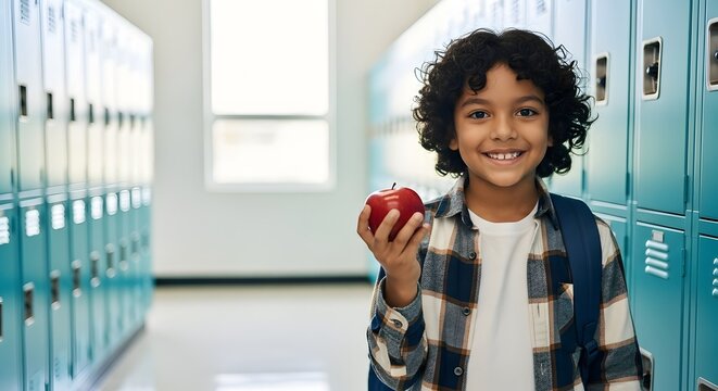 Young school boy smiling and holding a red apple in a bright hallway with school lockers representing education and healthy snack concept