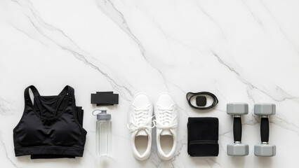 Fitness workout essentials flat lay on marble background