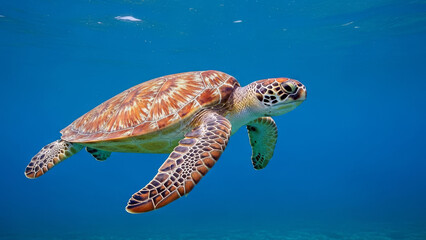 Obraz premium Sea turtle swimming in blue ocean underwater