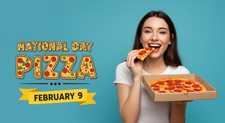Smiling woman eating pizza from a box with National Pizza Day text on blue background slice pepperoni
