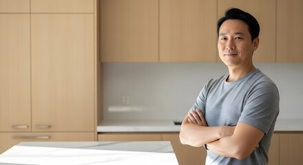 Smiling Asian parent standing with arms crossed in a modern minimalist kitchen for home life concept and family comfort