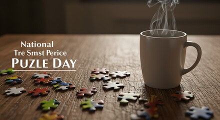 Steaming Coffee Cup and Scattered Puzzle Pieces on Wooden Table for National Puzzle Day jigsaw
