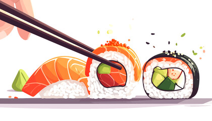 Illustrative depiction of someone skillfully picking up a fresh sushi roll with chopsticks, alongside vibrant nigiri and maki, celebrating the art of Japanese culinary delight and healthy dining