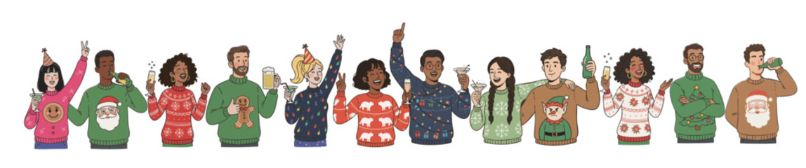 Diverse group of happy people wearing ugly christmas sweaters celebrating a festive holiday party