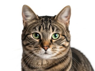 Close up portrait of a tabby cat with green eyes isolated on white background