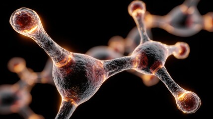 Complex molecule featuring orange and red dots to represent neural signal nodes in a conceptual framework