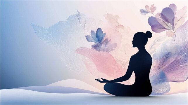 Silhouette of a woman in lotus pose, meditating with a floral background, creating a serene and peaceful atmosphere.