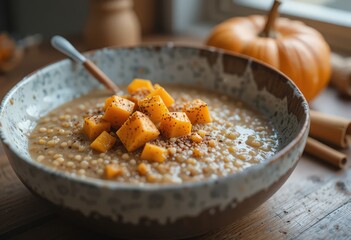 Close-up, high-angle shot of a warm breakfast bowl featuring creamy grain porridge topped with bright orange baked pumpkin cubes, cinnamon, and pepper