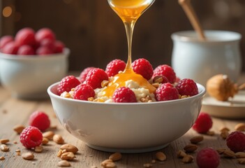 Close-up view of a wholesome breakfast bowl featuring creamy oatmeal or rice pudding adorned with vibrant red raspberries and scattered nuts. 