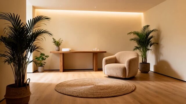 modern wellness room with minimal decor, dim lights, cozy textures, safe neutral interior, deep relaxation hypnotism therapy space