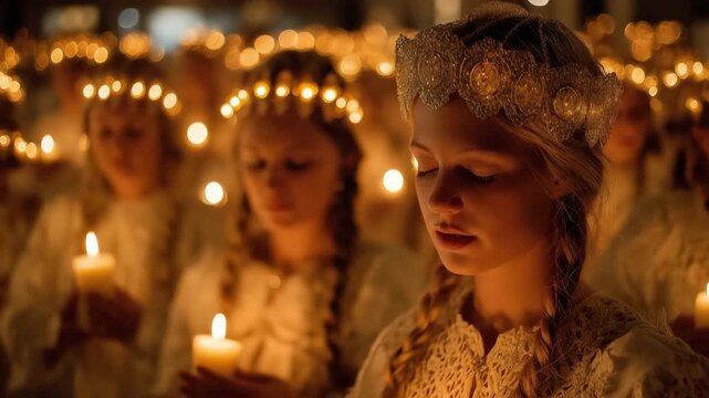 Lucia day hospital celebration with saint lucia procession in traditional white dresses and candle crowns