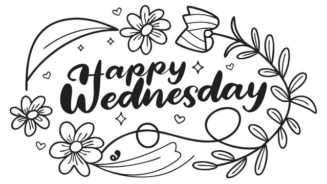 Vector illustration of words &lsquo;HAPPY WEDNESDAY&rsquo; in cheerful colorful style surrounded by fresh flowers, soft leaves, light petals, and gentle decorative elements