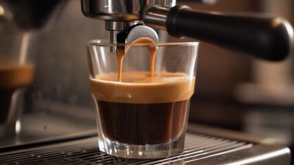 closeup shot of espresso machine pouring coffee into a cup with crema - Powered by Adobe