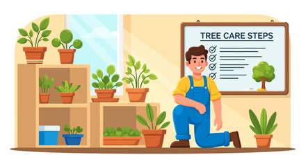 Illustration of a happy gardener with plants and tree care checklist indoors