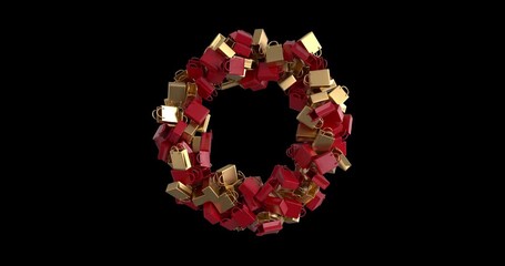 Luxury red and gold 3D shopping bags rotating in a circular motion. Elegant retail, fashion and holiday themed animation with transparent alpha channel in 4K resolution.