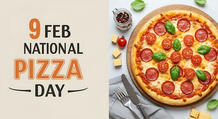 Whole pepperoni pizza with basil and tomatoes on a wooden board next to National Pizza Day text round