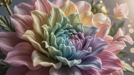 Close up of a vibrant multi colored flower with intricate petals and soft lighting