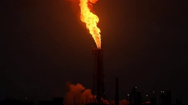 A towering industrial flare stack burns brightly against a dark night sky, releasing a large flame and smoke from its top.