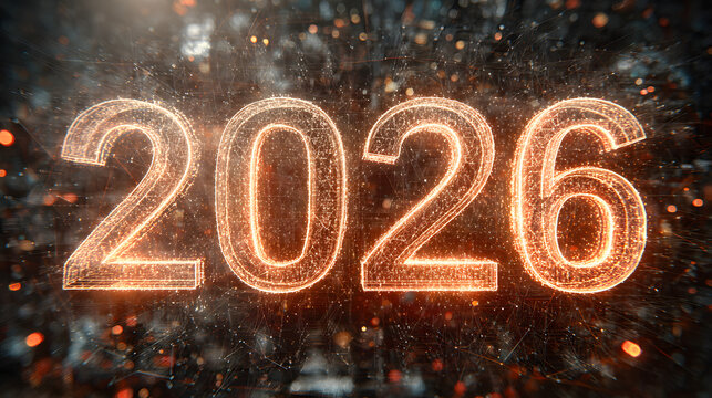 Bright orange glowing numbers forming the year 2026 illuminate a dark abstract digital background filled with intricate patterns and bokeh effects