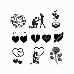 Valentine&rsquo;s Day romantic silhouette icon set with hearts and couples