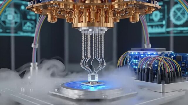 A close-up of a futuristic quantum computing apparatus in a lab.