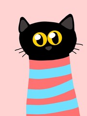 Illustration black cat wearing stripped clothes 
