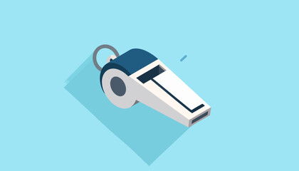 Illustration of a sports whistle in a flat design style with a long shadow against a light blue background, symbolizing sports, coaching, and fair play