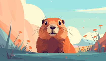 A cute, fluffy groundhog peeking out from lush green grass, with rolling hills and a bright blue sky in the background, evoking a sense of wonder and nature's charm
