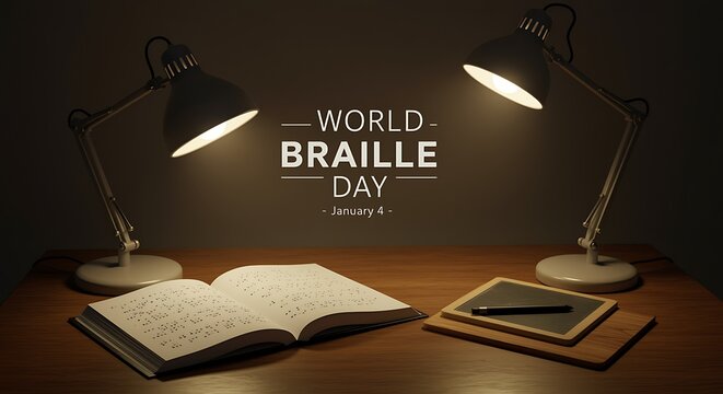 World Braille Day message on a desk with two desk lamps illuminating a Braille book and slate lighting