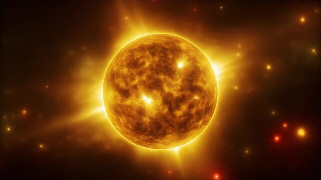 Abstract glowing sun circle with incandescent plasma texture. High energy solar power light background for scientific technology branding.
