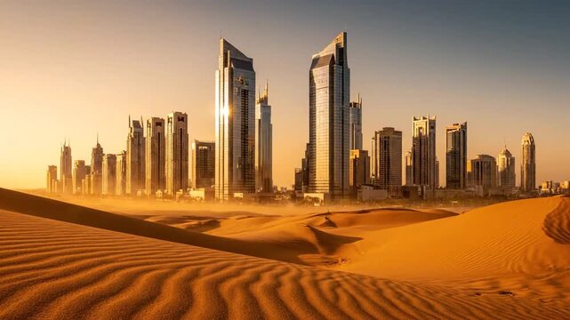 City Skyline Emerging from Desert Sandstorm Dust Haze