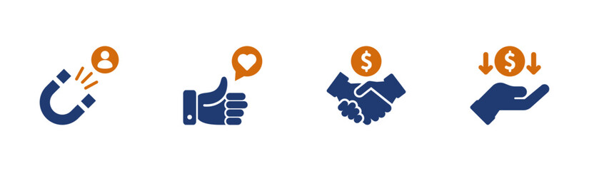 Customer relation and transaction icon set. Solid style, vector illustration