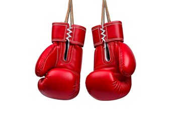 A pair of red boxing gloves hang from a hook, ready for use  isolated on transparent or white background