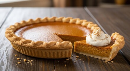 Delicious pumpkin pie with a slice removed, topped with whipped cream and cinnamon, resting on a rustic wooden table.