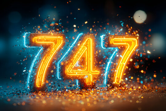 Neon glowing numbers with confetti on dark background, new year celebration, futuristic style joy happiness, party countdown design, celebration concept