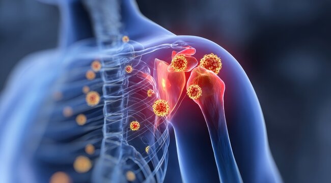 3D illustration of shoulder joint inflammation and pain.