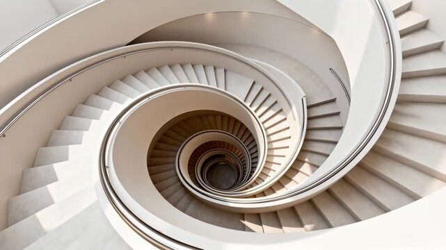 CGI top-down spiral staircase with clean architectural lines, abstract hypnotic curve, subconscious trance concept