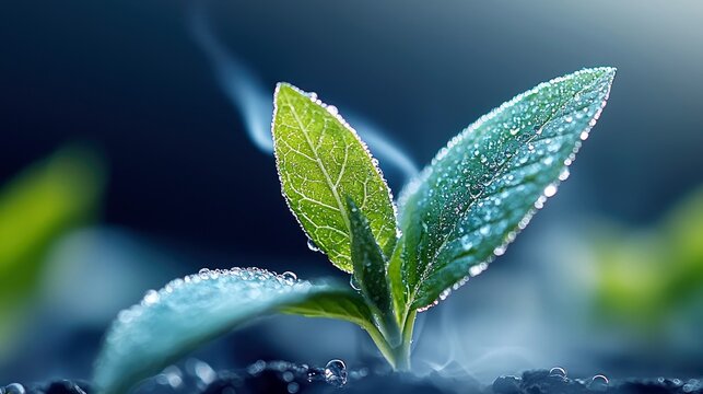 Close-up of a young plant with water droplets on its leaves, emerging from dark soil against a blurred dark blue background. The image evokes a sense of growth