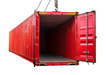 Empty Red Shipping Container with Removed Side Wall During Transportation with Crane Hook isolated on transparent or white background